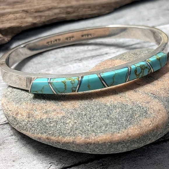 Taxco Vintage Turquoise Inlay Sterling Hallmarked & Stamped .925 Hinged Bracelet